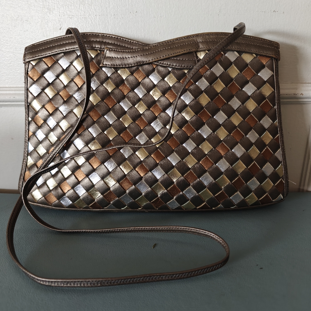 Vintage Morris Moskowitz Silver, Gold, Taupe Leather Woven Bag Clutch -